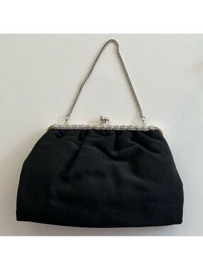 EVENING BAG Black Fabric Silver Tone Frame Style Chain Strap Rhinestone Detail